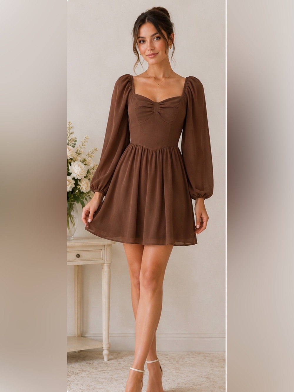 Sz Small Mocha Dream Puff Sleeve Mini Dress